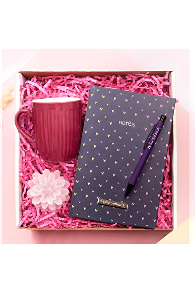 gagga Kişiye Özel Kalp Desenli Defter & Kalem & Kupa & Mum Hediye Seti