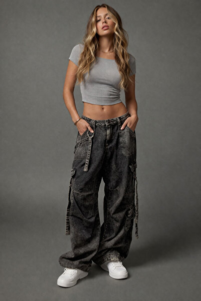 september island Voli Best Yıkanmış Siyah Askılı Kargo Pantolon