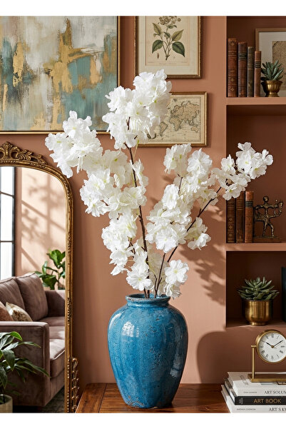 ledison 100 cm Beyaz Yapay Bahar Dalı Japon Kiraz Çiçeği Dekoratif Çiçek