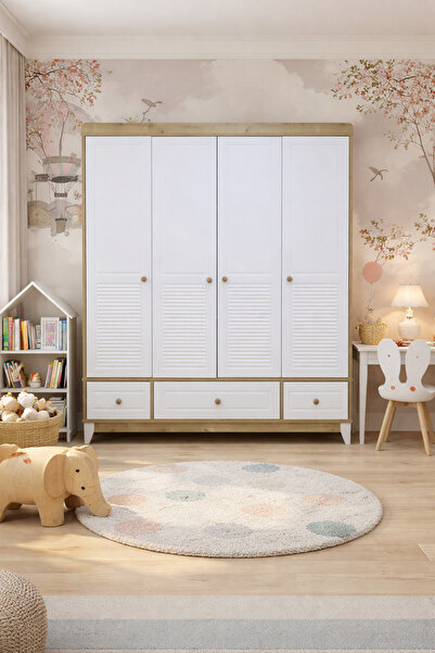 Koza %100 MDF Panjur Ahşap Beyaz 4 Kapılı Bebek&Çocuk Gardrop