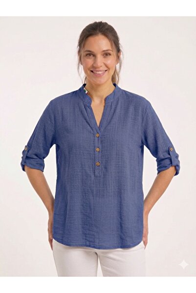 della moor Women's Blue Italian Buttoned High Collar Folded Short Sleeve Blou...