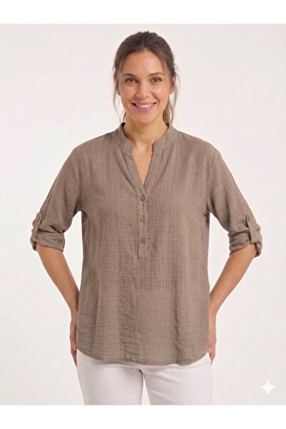 della moor Women's Mink Italian Buttoned High Collar Folded Short Sleeve Blou...