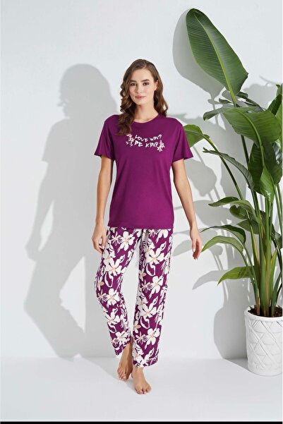 Aydoğan Women's Purple Floral Print Pajama Set – Short Sleeve Summer Loungewe...