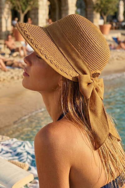 Ritagarcia Kadın Hasır Güneş Şapkası Arkası Fiyonklu Ayarlanabilir Plaj Şapkası