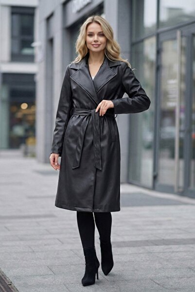 FAMODA Kemerli Diz Boyu Cepli Kaşe Kadın Deri Kaban Siyah