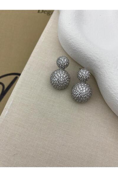 Hedef Bijuteri Silver Color Dangle Big Ball Zircon Stone Earrings