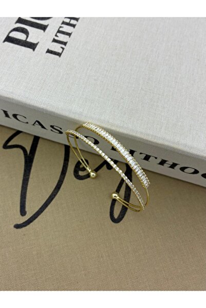 Hedef Bijuteri Gold Color Adjustable Two Rows Baguette and Rectangle Zircon S...