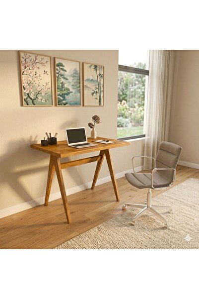 WOODFACE Polo Masif Ahşap Çalışma Masası 90x60 cm - Doğal Renk - Ağaç Ayak Ev...