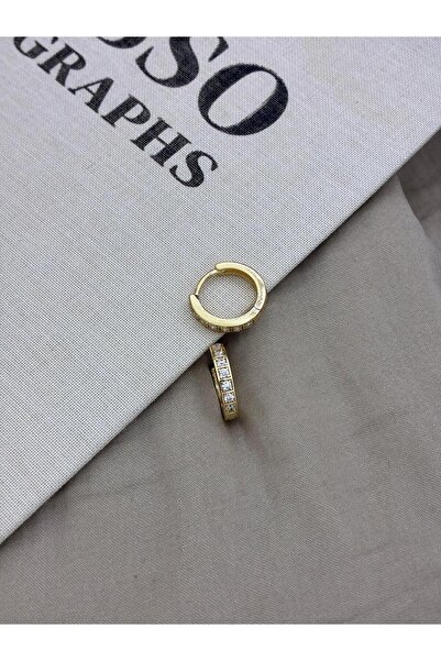 Hedef Bijuteri Gold Color Zircon Stone Square Detailed Full Round Hoop Earrin...