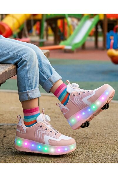 mocno PATENLİ IŞIKLI SPOR AYAKKABISI & TEKERLEKLİ SNEAKERS PUDRA PEMBE
