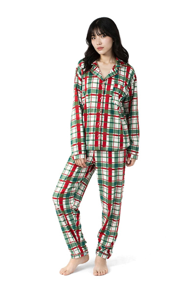 Ecrou Set de pijamale pentru femei, în carouri verzi, New Start guler tip Pet...