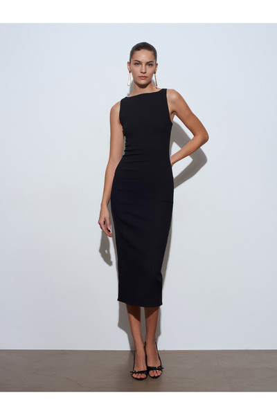 Dilvin 91099 Vücuda Oturan Midi Elbise-Siyah