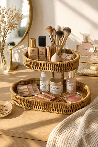 Chefstar LÜKS MODERN 29x18 CM 2 KATLI HASIR GÖRÜNÜMLÜ RATTAN DÜZENLEYİCİ RAF