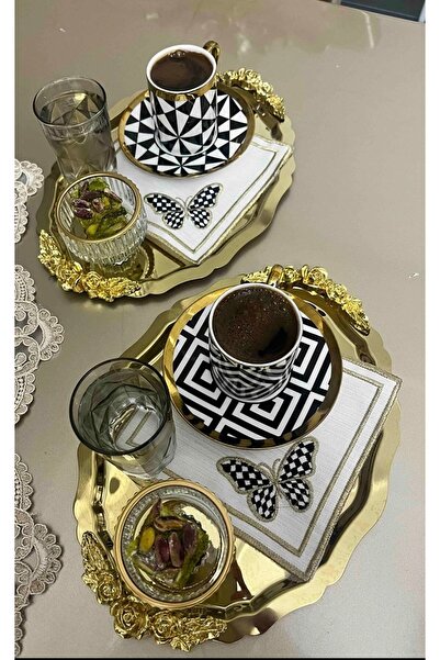 Elzemm store 25 CM GOLD OVAL MODEL 2 ADET KULPLU SUNUM TEPSİSİ SERVİS TEPSİ