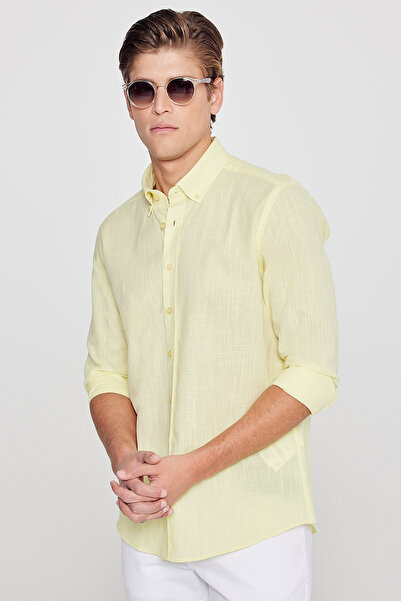 Erkek Sarı Kolay Ütülenebilen %100 Pamuk Nefes Alabilen Terletmez Slim Fit Gömlek