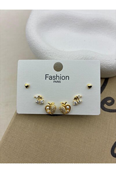 Hedef Bijuteri Zircon Stone Gold Color 6-Piece Apple Model Earring Set