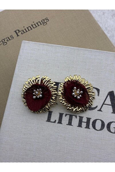 Hedef Bijuteri Burgundy Tulle and Pearl Detailed Special Series Gold Color Ea...