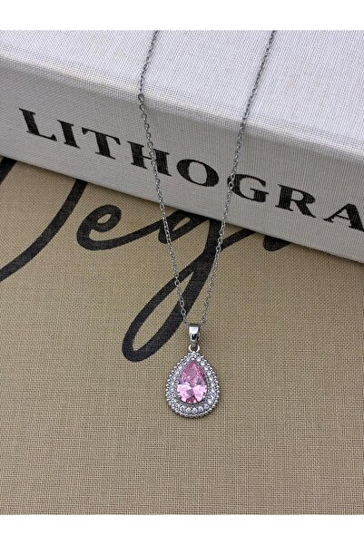 Hedef Bijuteri Steel Silver Color Pink Zircon Stone Drop Model Necklace