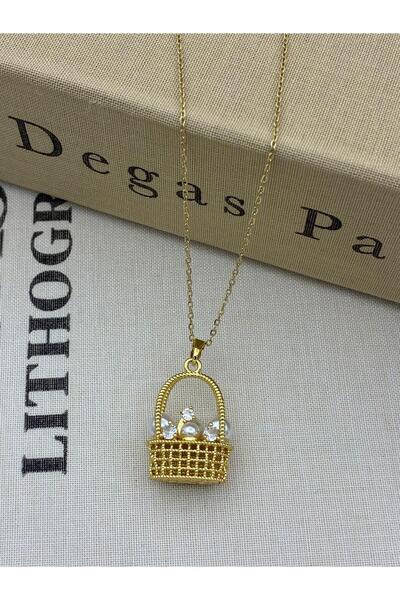 Hedef Bijuteri Steel Gold Colored Zircon Stone Basket Egg Figured Pearl Necklace