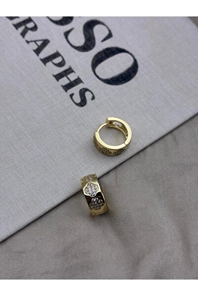 Hedef Bijuteri Zirkon Taşlı Gold Renk Kalın Halka Model Üzeri Yonca Detaylı K...