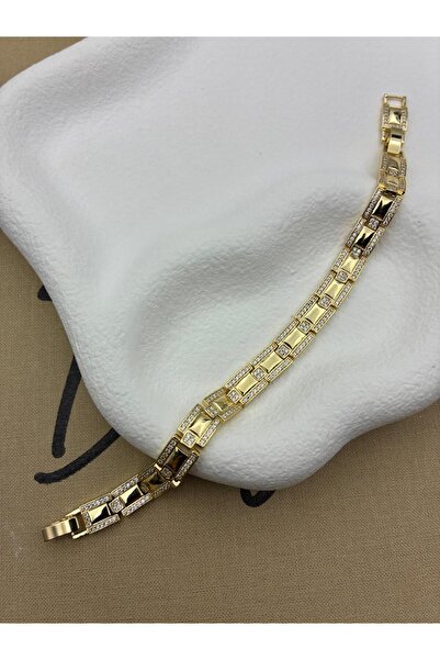 Hedef Bijuteri 14K Gold Renk Zirkon Taşlı Dikdörtgen Plaka Model Bileklik CM3