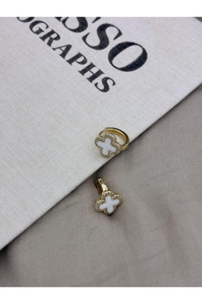 Hedef Bijuteri Gold Renk Dört Yapraklı Beyaz Yonca Zirkon Taşlı Halka Küpe CM166