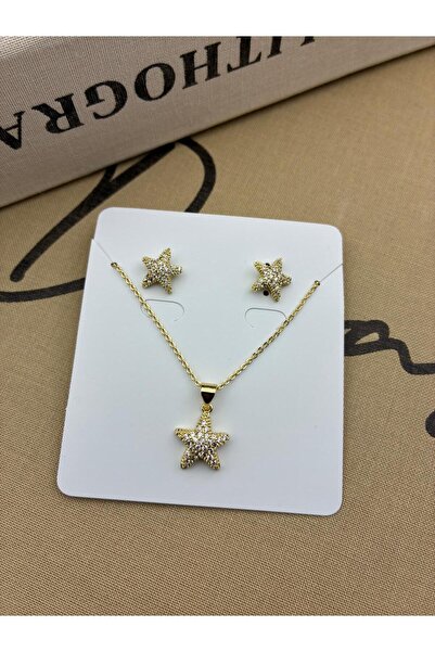 Hedef Bijuteri 14K Gold Renk Zirkon Taşlı Yıldız Model Kolye Küpe Seti