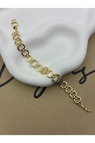 Hedef Bijuteri 14K Gold Renk Dikdörtgen Model Zirkon Taşlı Zincir Bileklik CM31