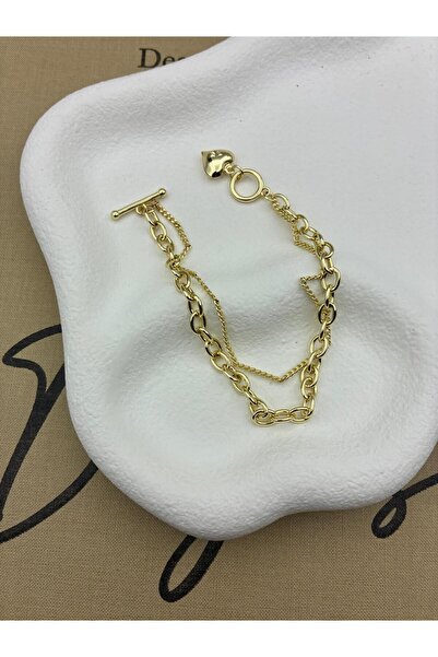 Hedef Bijuteri 14K Gold Renk Basıc Çift Sıra Zincirli Kalp Uçlu Bileklik CM109