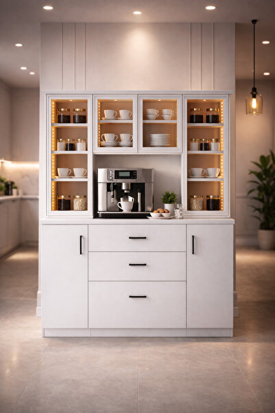 Setay Vitrinli Ünite, Adrea Kahve Köşesi + Çok Amaçlı Raflı Iki Kapaklı Dolap