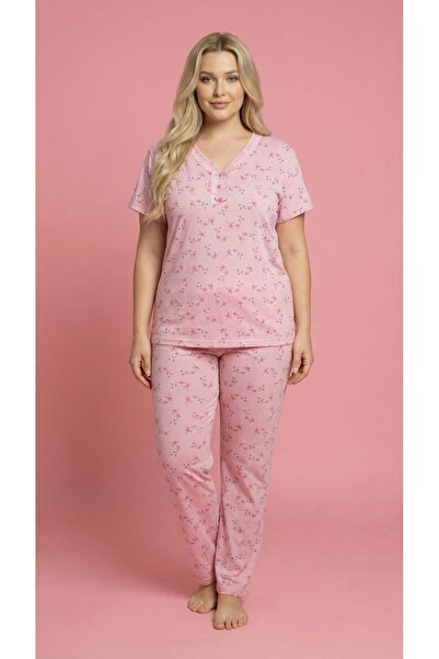 MEBA Women's Dark Powder Plus Size Buttoned Collar Lace Short Sleeve Bamboo P...