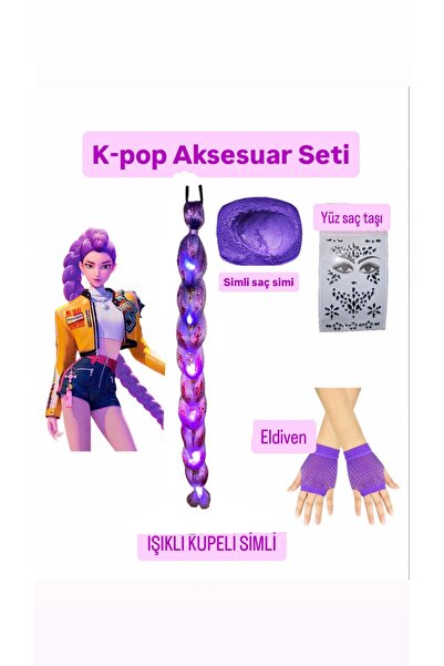 3b kids kpop rumi seti+moraksesuar ışıklı örgü peruk saç +mor simli saç tozu+...