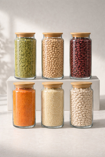 Fhilli Fiona - Set of 6 Vacuum Jars with Bamboo Lids, Large Size 1400 ml