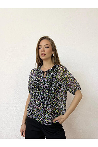 PROTO SUIT Φλοράλ μπλούζα σιφόν με βολάν και κουμπιά, χωρίς φόδρα