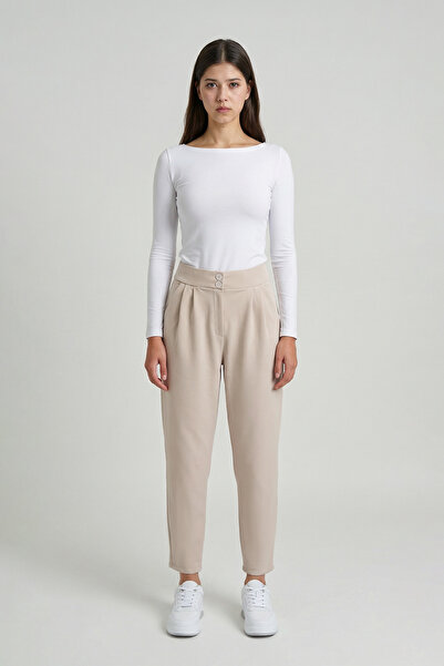 MODASPARK Beige High Waist Double Button Pockets Carrot Cut Pleated Women's T...