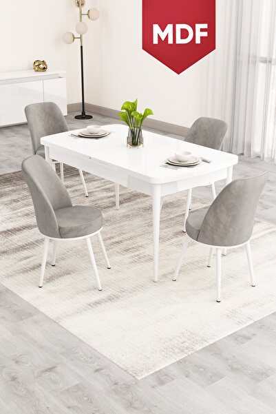 Canisa Nix Serisi Açılabilir 70x114 MDF Beyaz Mutfak Masası Takımı ve 4 Gri S...