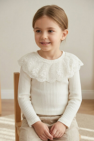 zubi baby & kids wear Kız Çocuk Krem Rengi Fitilli Örme Dantel Yaka Uzun Koll...