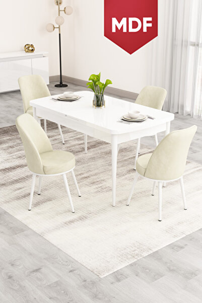 Canisa Nix Serisi Açılabilir 70x114 MDF Beyaz Mutfak Masası Takımı ve 4 Krem ...