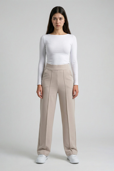 MODASPARK Beige High Waist Women's Palazzo Trousers with Pockets