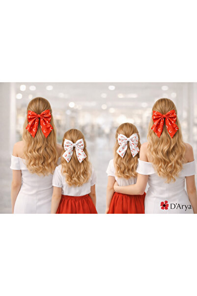 Darya D’Arya Red and White Crescent and Star Patterned Satin Big Bow Hair Cli...