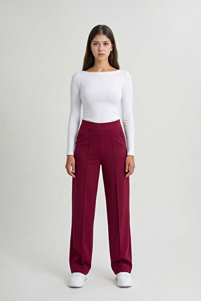MODASPARK Burgundy High Waist Women's Palazzo Trousers with Pockets