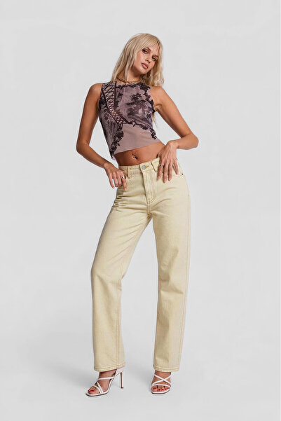 Bluewhite Pantaloni de damă Ecru, croială dreaptă, 100% bumbac