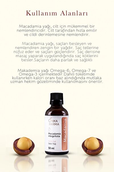 OnkaFarma Onka Farma Makademya Yağı - %100 Saf Macadamia Cadı Fındığı Yağı - 50 ml