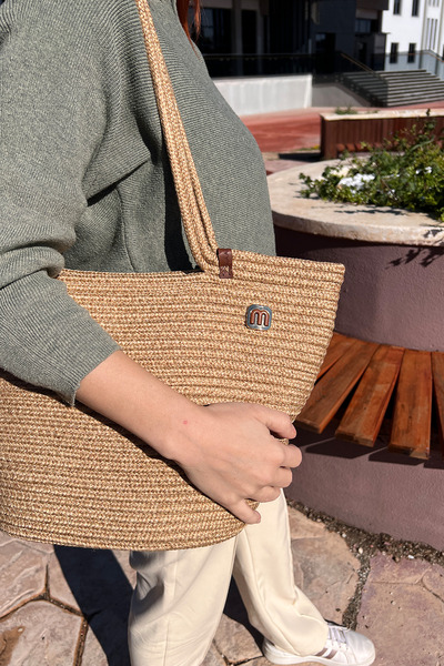 KAAN HOME Μπεζ ψάθινη τσάντα παραλίας για καθημερινή χρήση, διακοσμητική τσάν...