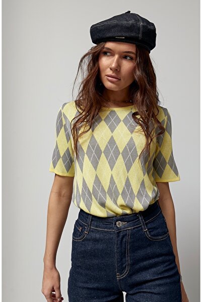 Arbucky Women's Baklava Pattern Crew Neck Short Sleeve Knitwear Blouse