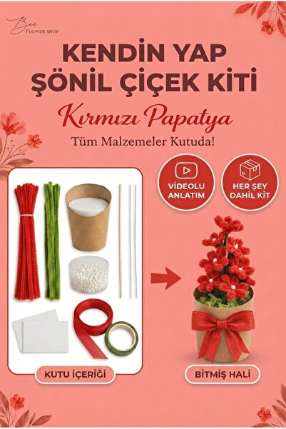 Bee Flower Shop Kırmızı Şönil Papatya Yapım Kiti (Şönil Hobi Seti) - Sevgiliy...