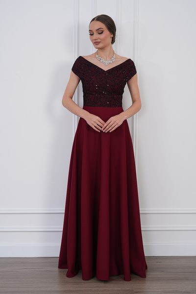 MAG FASHİON فستان سهرة من قماش ماكسي بفتحة رقبة بأزرار على الجهتين وكتف منخفض...