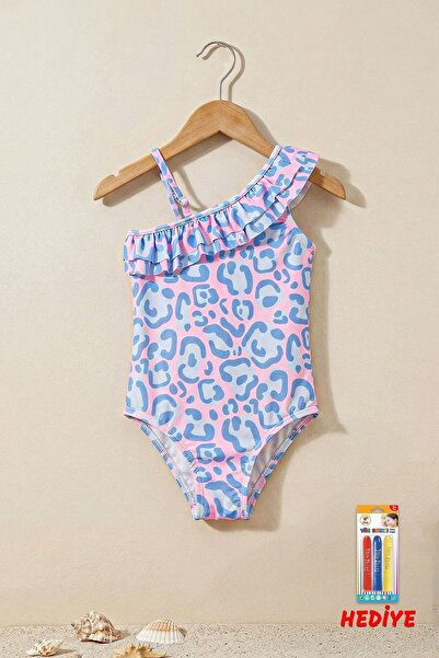 ZUZUNGA Πολύχρωμο μοντέρνο μαγιό με ασύμμετρο γιακά και βολάν με σχέδιο λεοπάρ