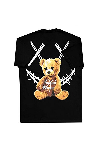vulgariromania Tricou Oversize Negru Bărbați – Bear Teddy Print Streetwear - M