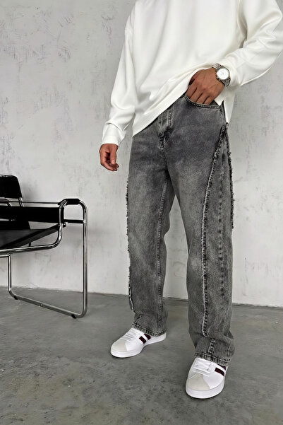 Wonraces Men's Anthracite Baggy Washed Stripe Detailed Design Premium Denim T...